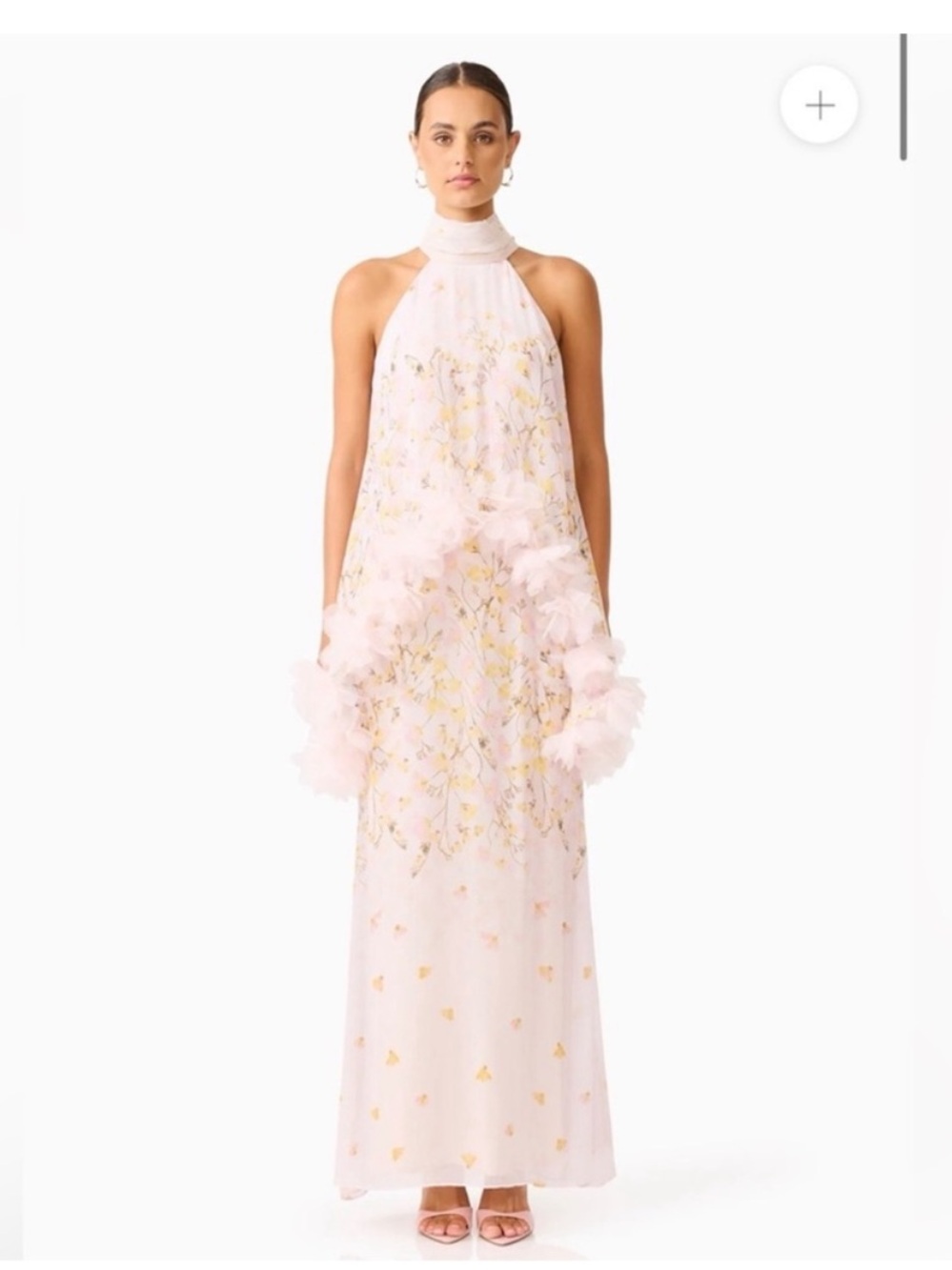 elliatt tulsia pink 3d floral trim hi-lo cape statement maxi dress size large